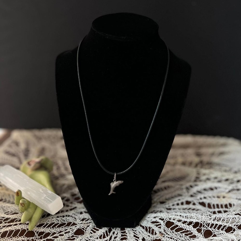Handmade Upcycled Fish Necklace - Silver Charm Pendant on Black Cord
